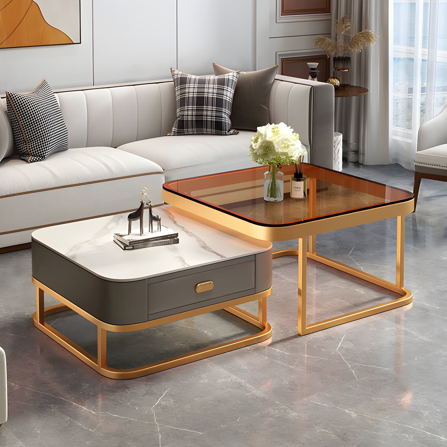 Modern Coffee Table Glass Top Square Nesting Coffee Table Set - image 8