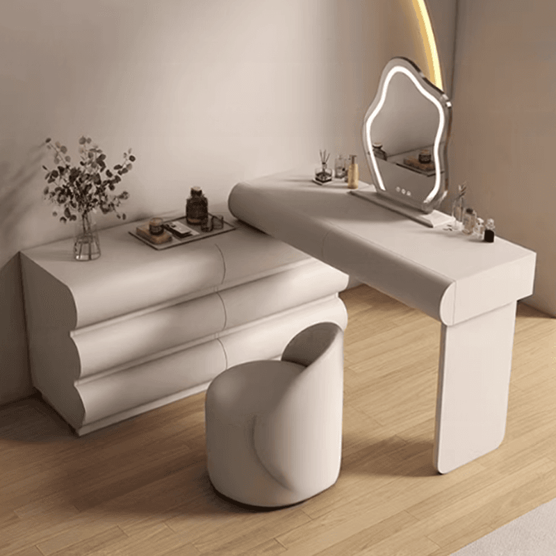 Large Vanity Set with Natural Wood Table Top, White Chair, 8 Drawers, Mirror Lights, and Scalable Design