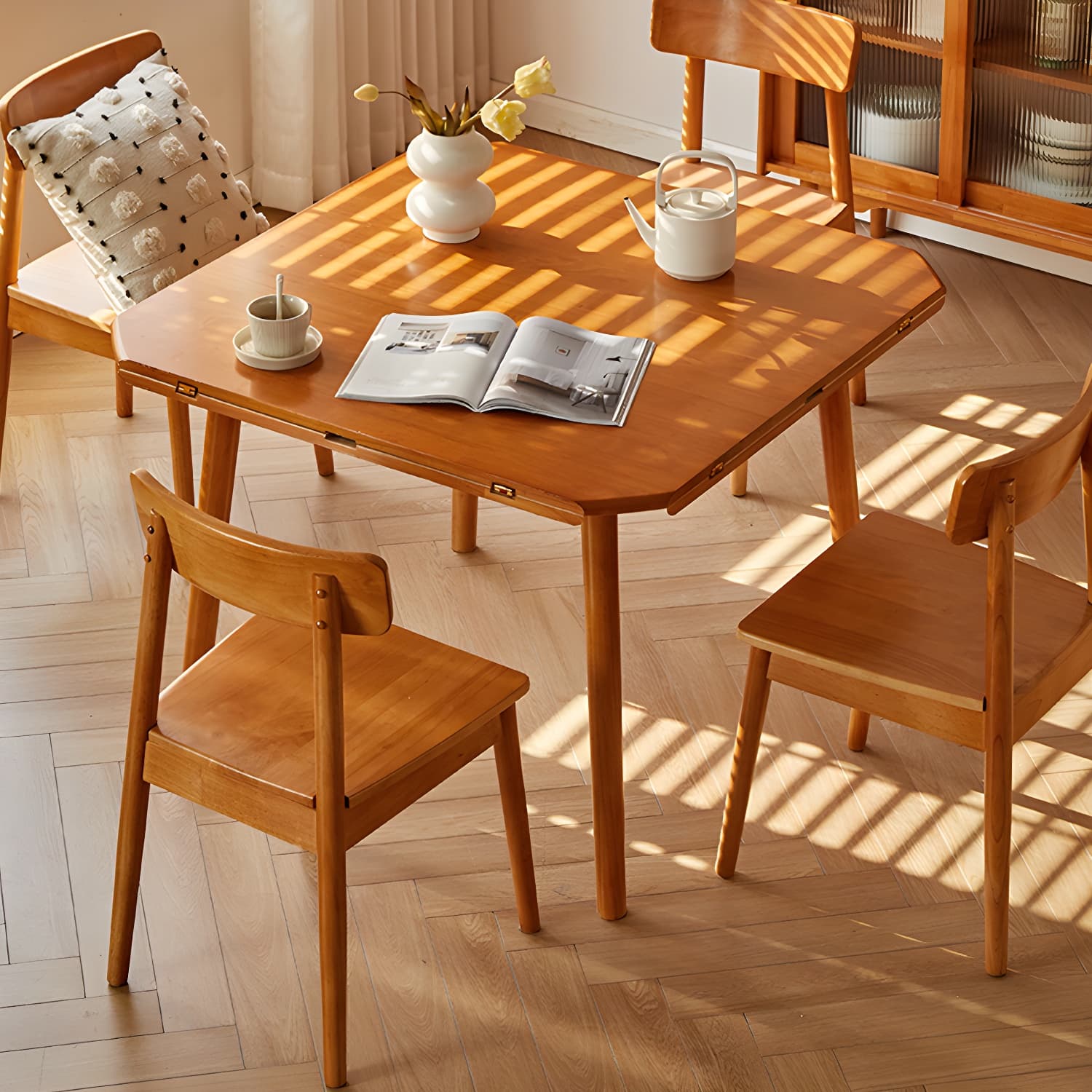 Round Wood Scandinavian Design Dining Table with Self-Storing Leaf and Extension Feature - image 5