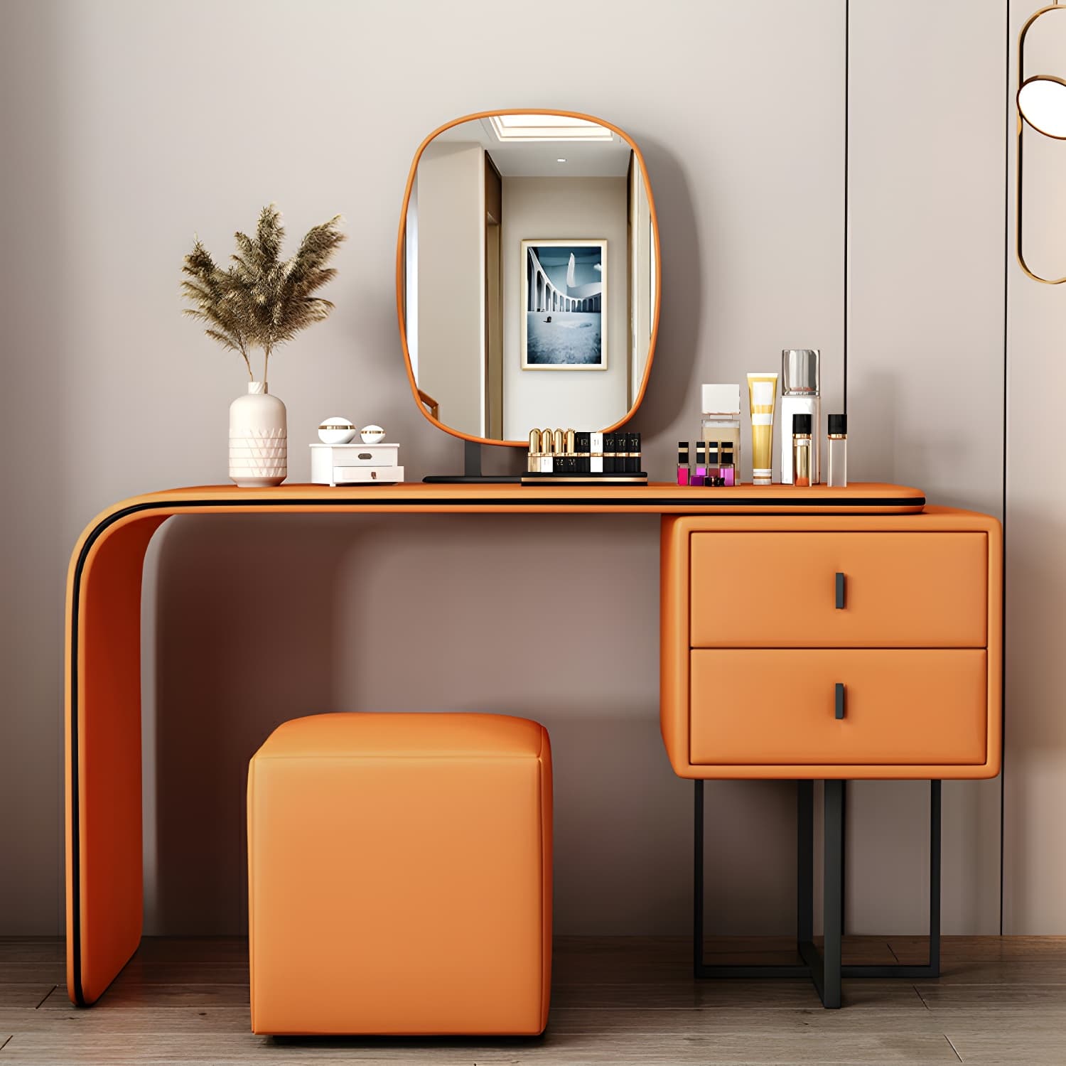 Modern Wood Vanity with Faux Leather Table Top & 2 Soft Close Drawers - image 9