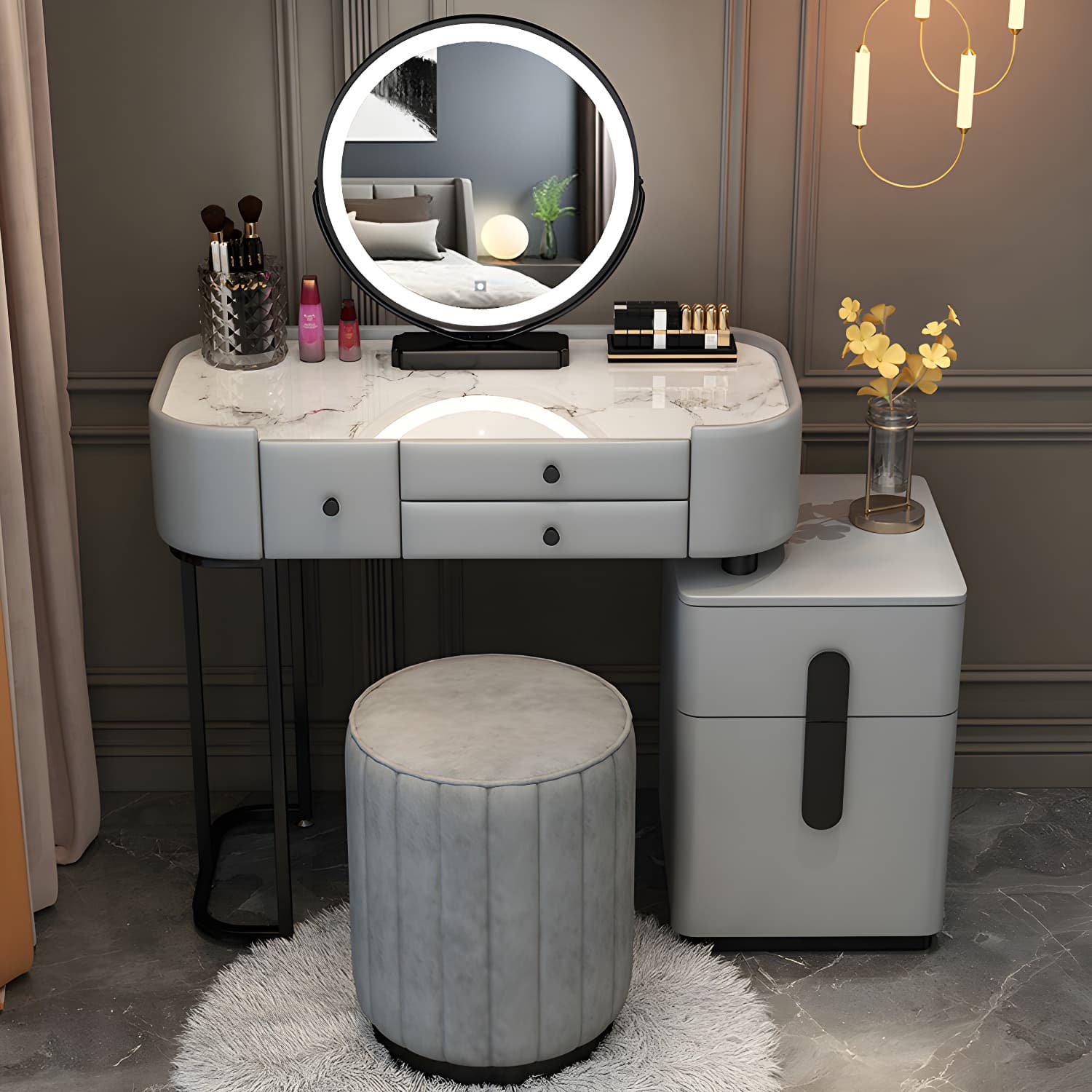 5-Drawers Vanity Desk Modern Stone Top Vanity Dressing Table