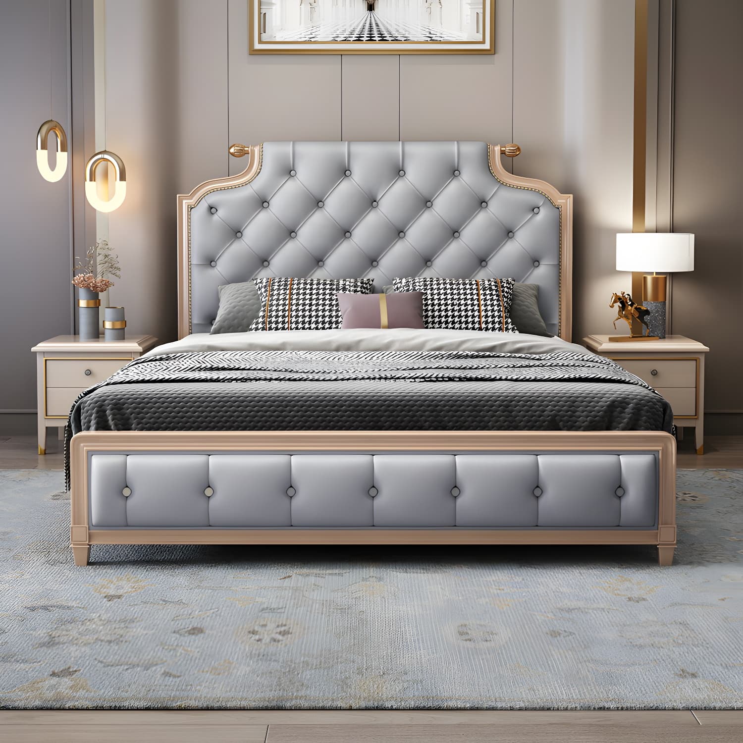 Tufted Upholstered Panel Bed with Nailhead Trim Victorian Solid Wood Bed Frame