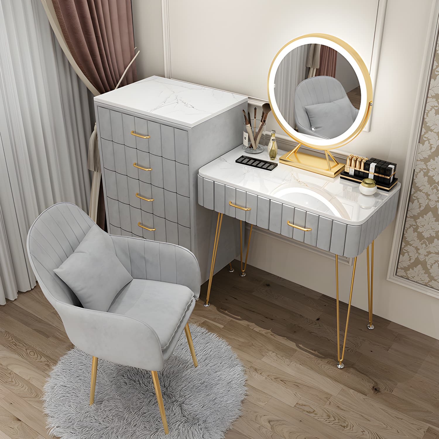 Contemporary With Drawer Wooden Bedroom Lighted Mirror Make-up Vanity