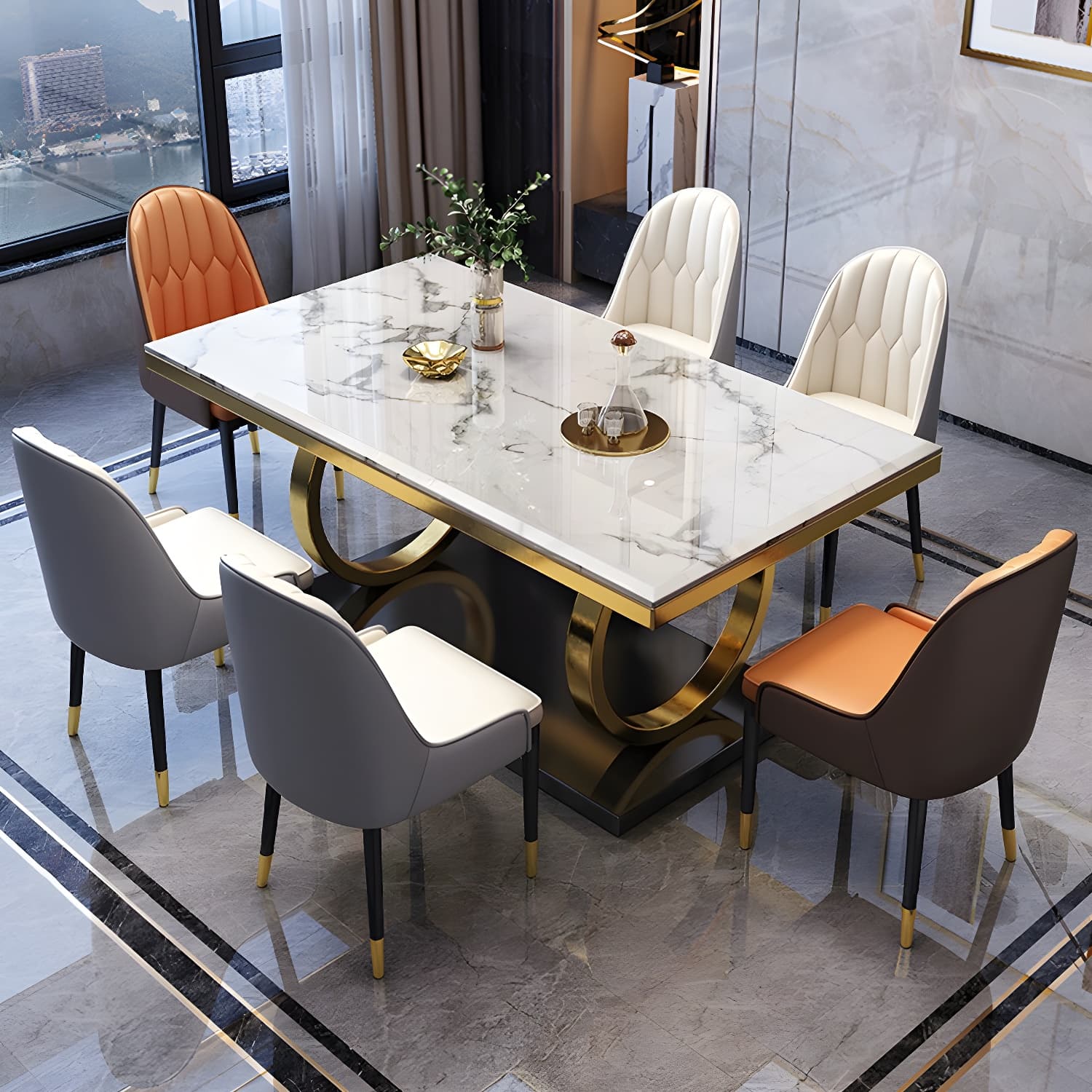 Glam Marble Dining Set with Gold Metal Pedestal Base - White and Beige - 1/5/7 Piece Set