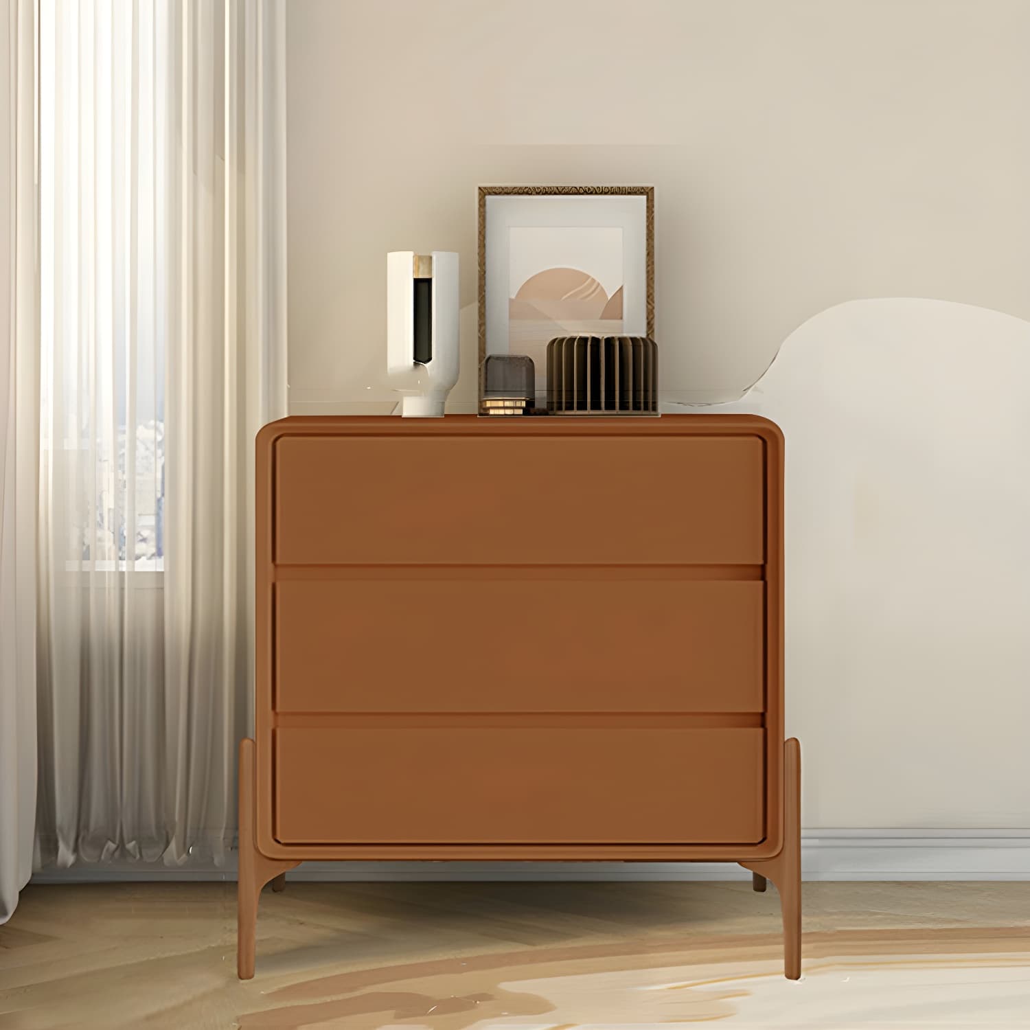 Modern Oak Wood And Leather Exterior Bachelor Chest with Soft-Close Drawers - Vertical Orientation