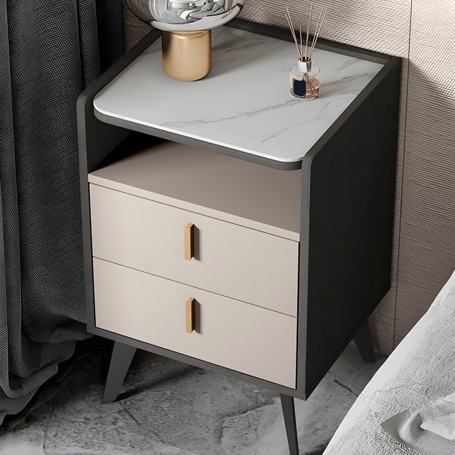 Stone Top Nightstand Modern Open Stoarge Drawer Legs Included Bed Nightstand - image 9
