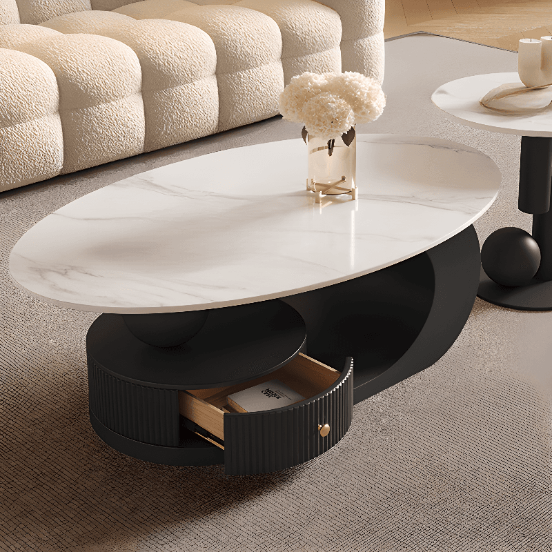 White/Midnight Black Scratch-proofed Oval Sintered Stone Board Game Coffee Table with Abstract Base and 1 Drawer for Living Room - image 3