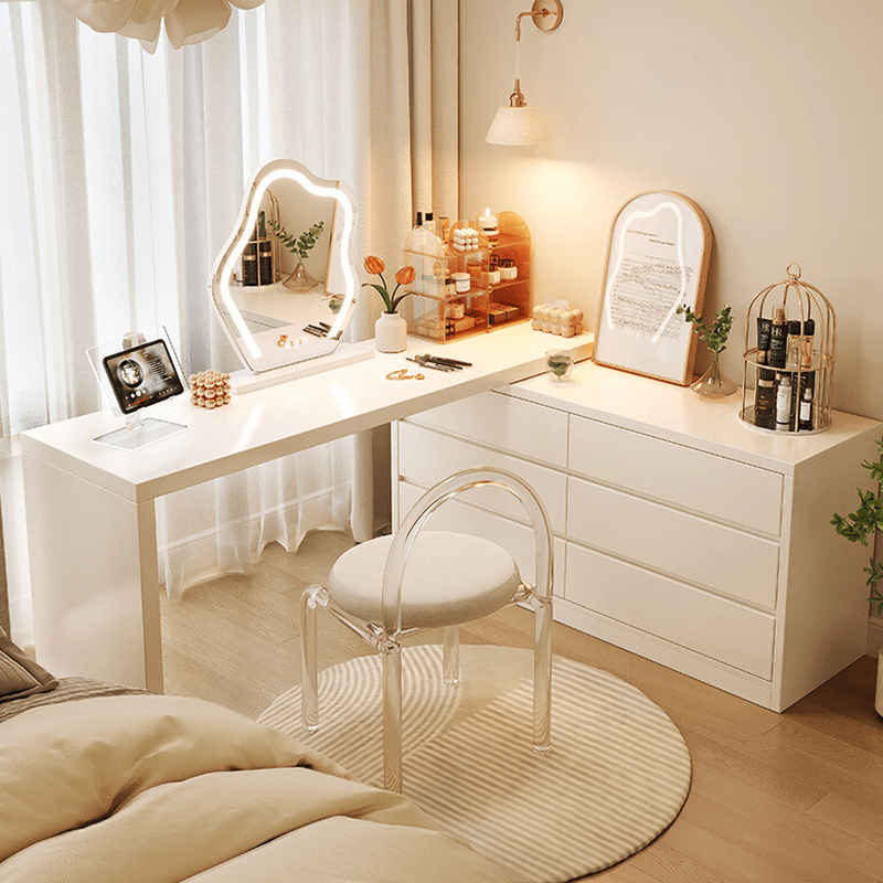 Chalk Modish Wood Makeup Vanity with Standard Length and Non-Upholstered Chair(s)