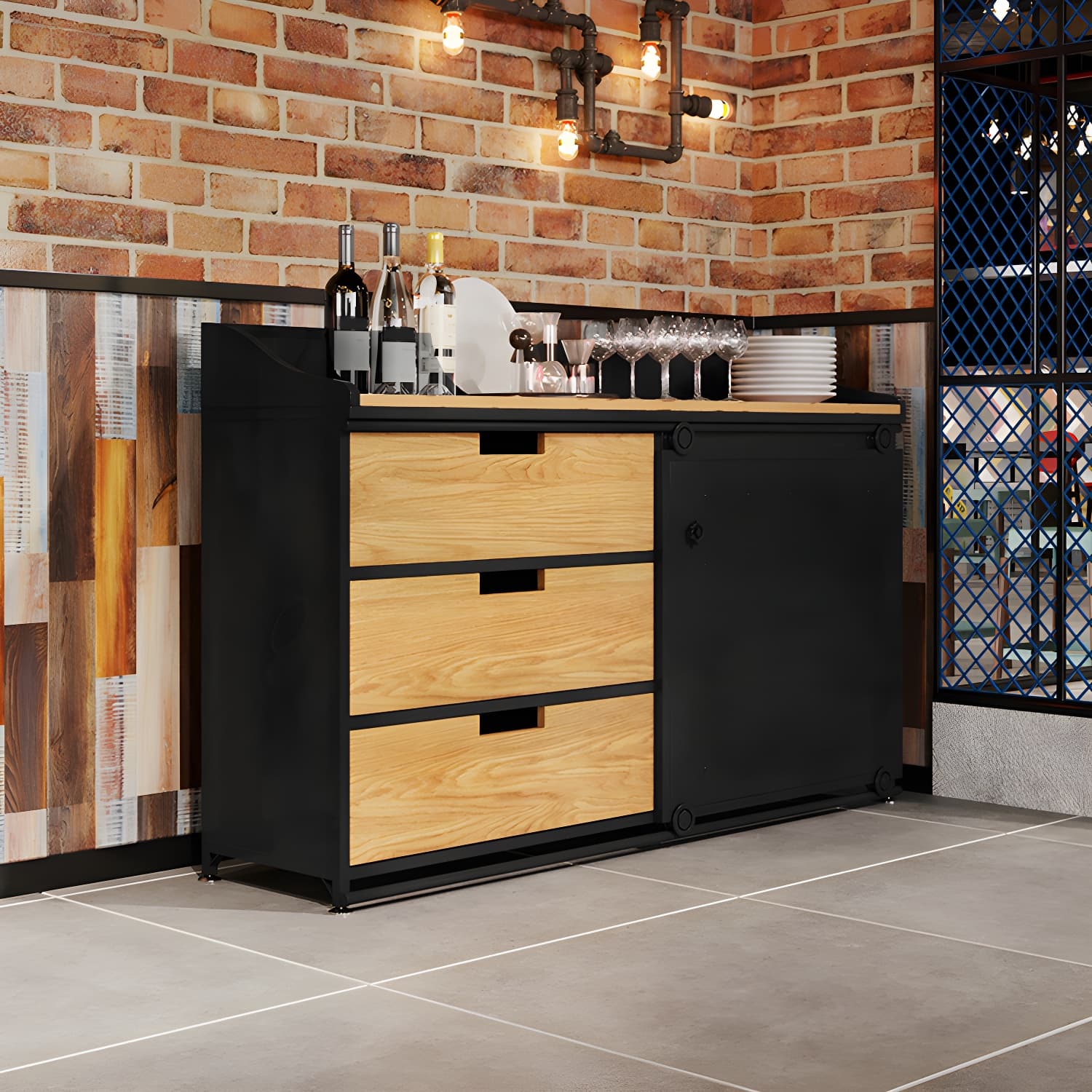 Industrial Metal Sideboard with Drawers, Cabinets, and Open Storage - 3 Drawers, 1 Interior Shelf - image 6