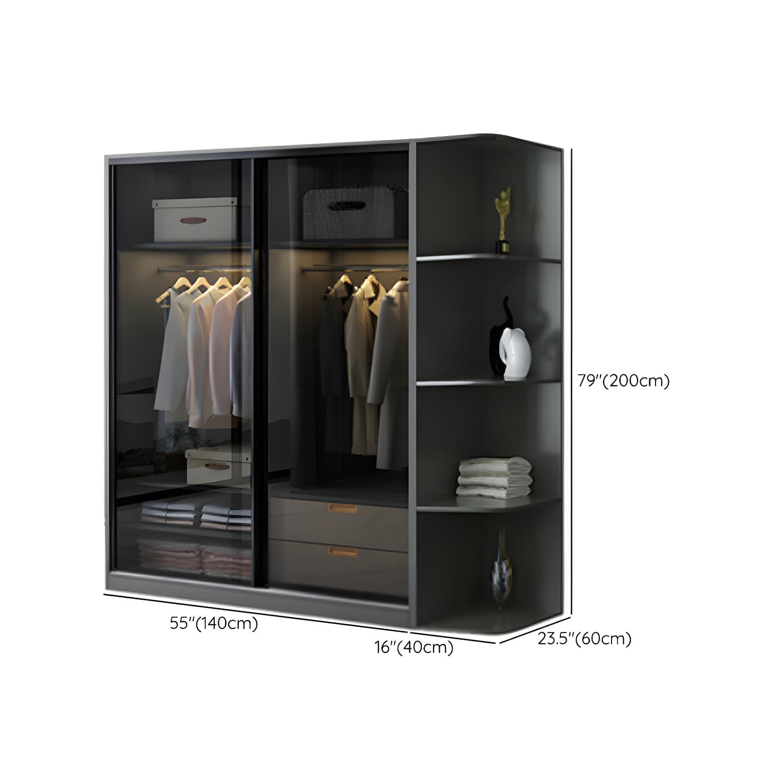 Contemporary Wood and Tempered Glass Wardrobe Freestanding Wardrobe Armoire without Light - image 17