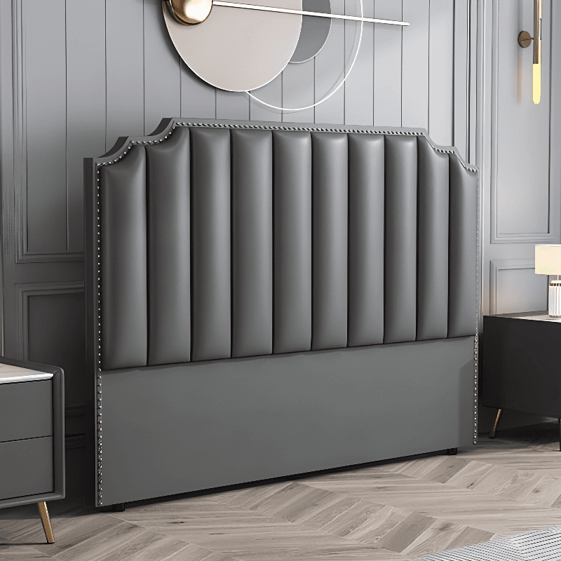 Modish Style Panel Headboard with No Distressing, Nailhead Border, Scooped Shape for Queen/Full Bed, Featuring Sponge Upholstery and Standard Height