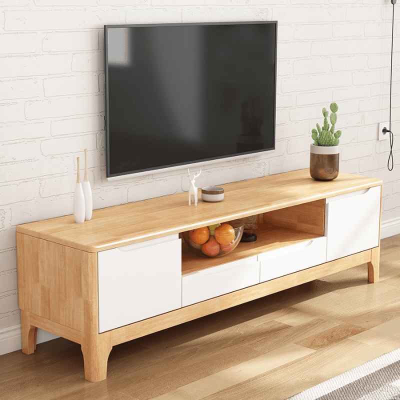 Art Deco Natural Wood TV Stand with 2 Drawers, 2 Cabinets, and Visible Storage - image 6
