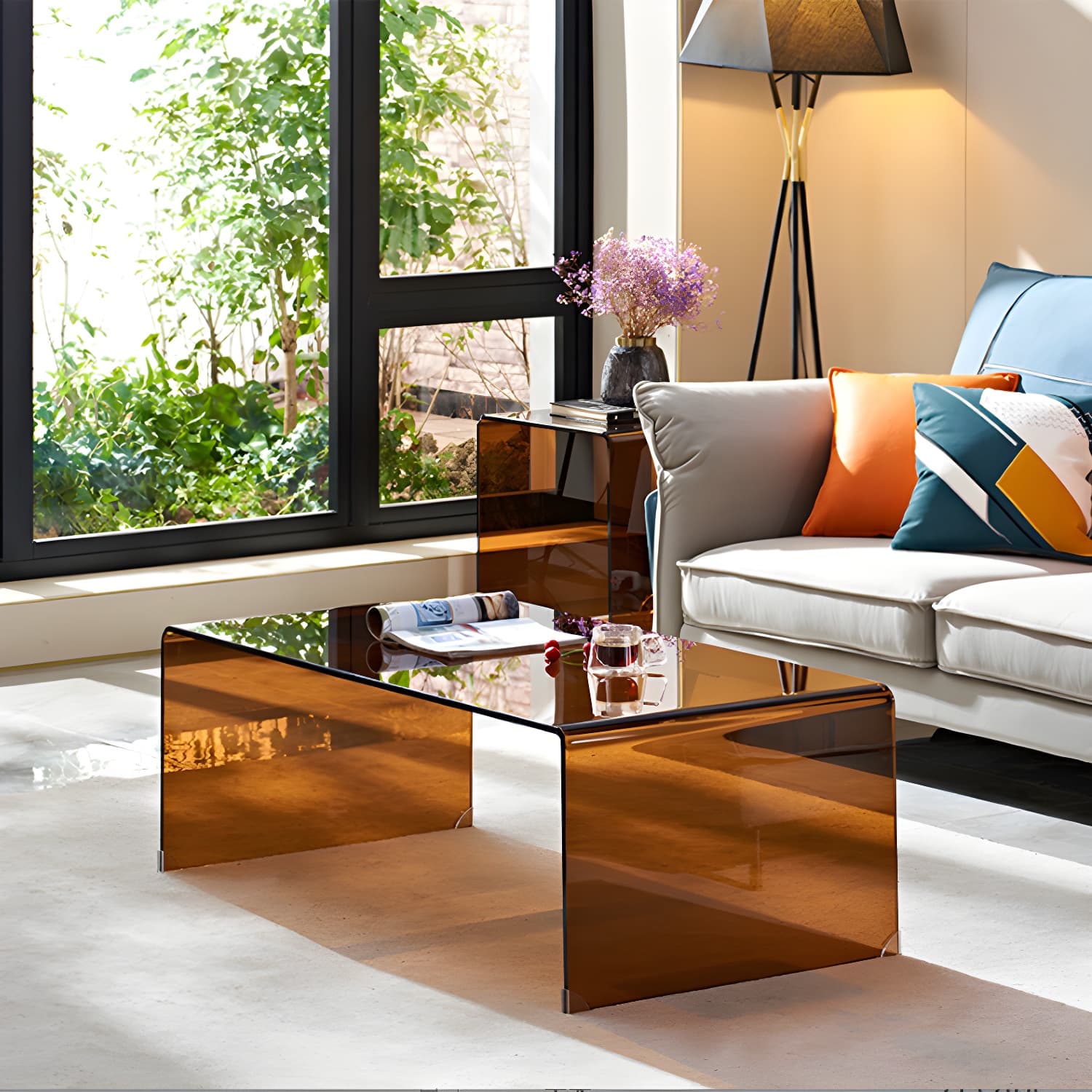 Brown Glass Sled Coffee Table Modern Rectangular 1 Single Cocktail Table
