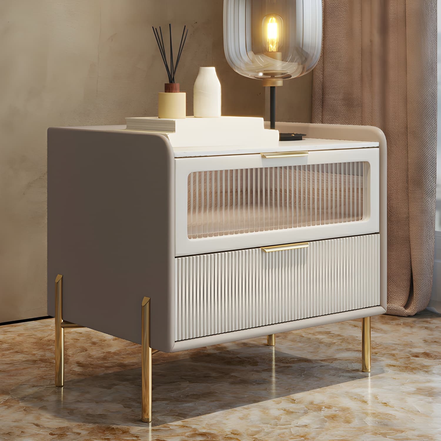 Glam 4 Gold Legs Storage Drawer Nightstand with Glass Drawer Door