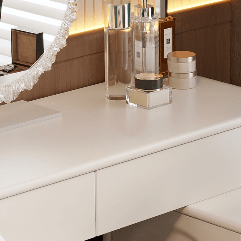 Modish Large/Standard Vanity Set with Lumber Table Top, White Seating, 5 Drawers, Light Up Mirror, and Chair - image 6