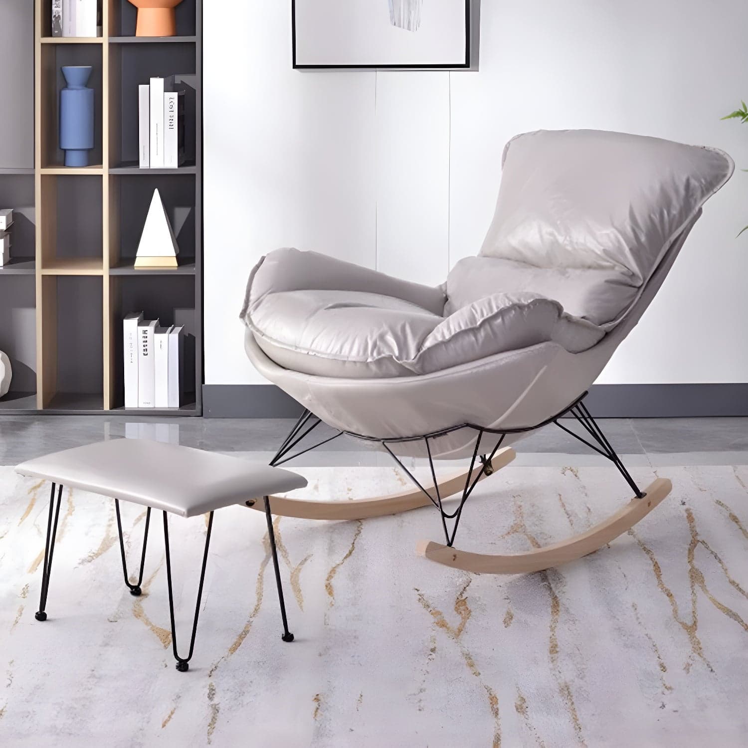 Modern Upholstered Rocking Chair with Ottoman Set - Natural Wood Legs - image 6