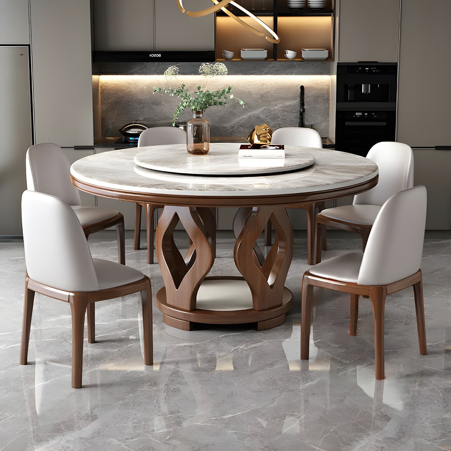 Elegant Medium Wood Round Dining Table Set in Gray with Pedestal Base