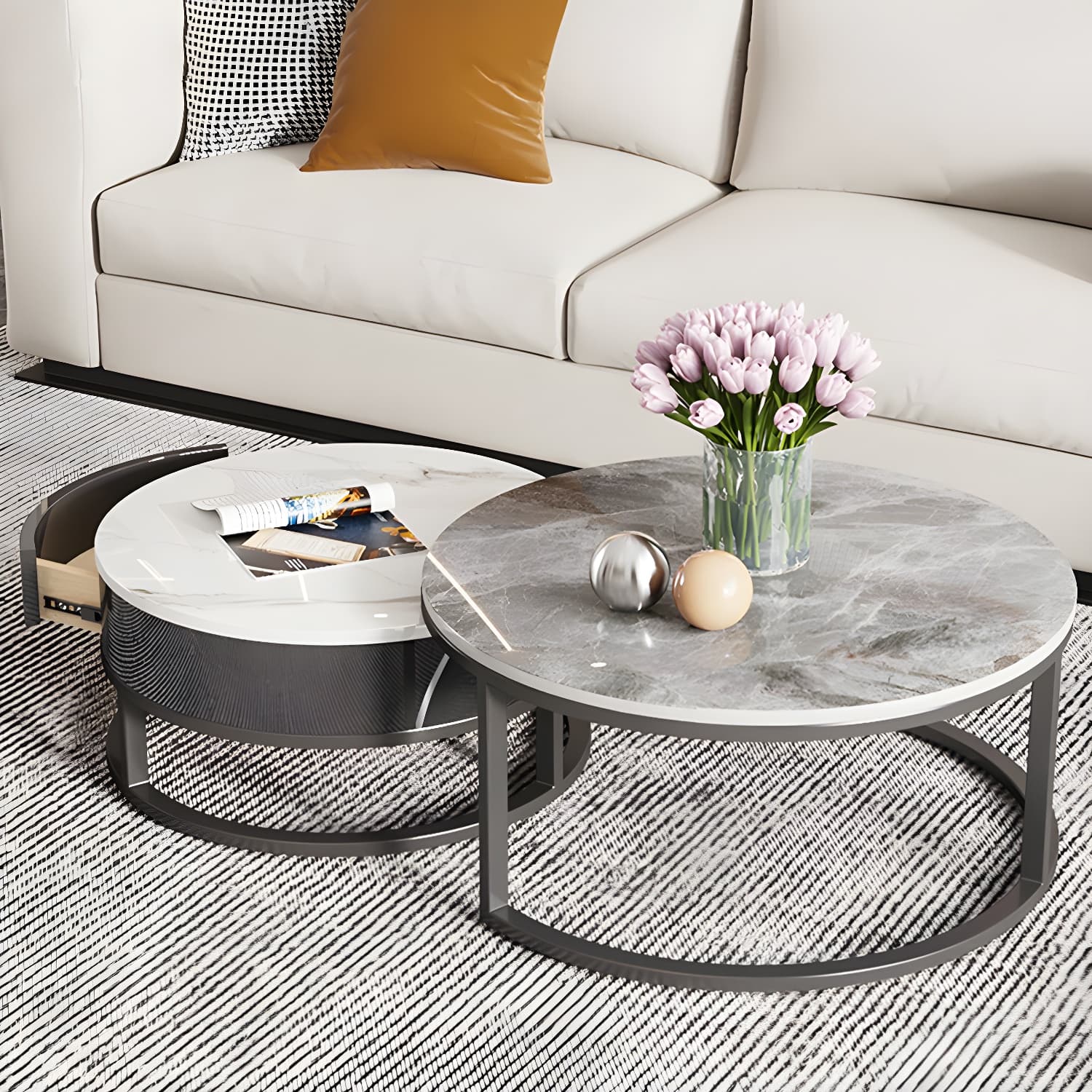 Slate Round Frame Coffee Table Modern Nesting Coffee Table Set with Drawer - image 17