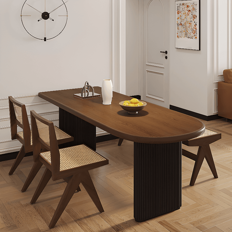Minimalist Peninsula Dining Table Set with Wood Slab Top, Two-sided Pedestal Base, Fixed Table in Auburn