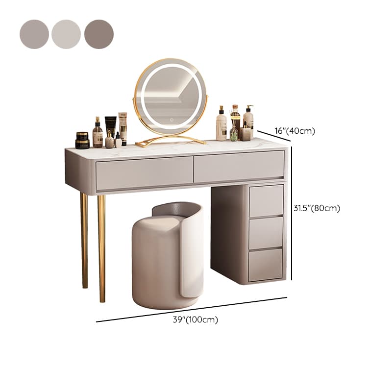 Vanity Set with Stone Table Top, Light Gray Upholstered Chair, 5 Drawers, Mirror Lights, and Push-Pull Lighting - image 16