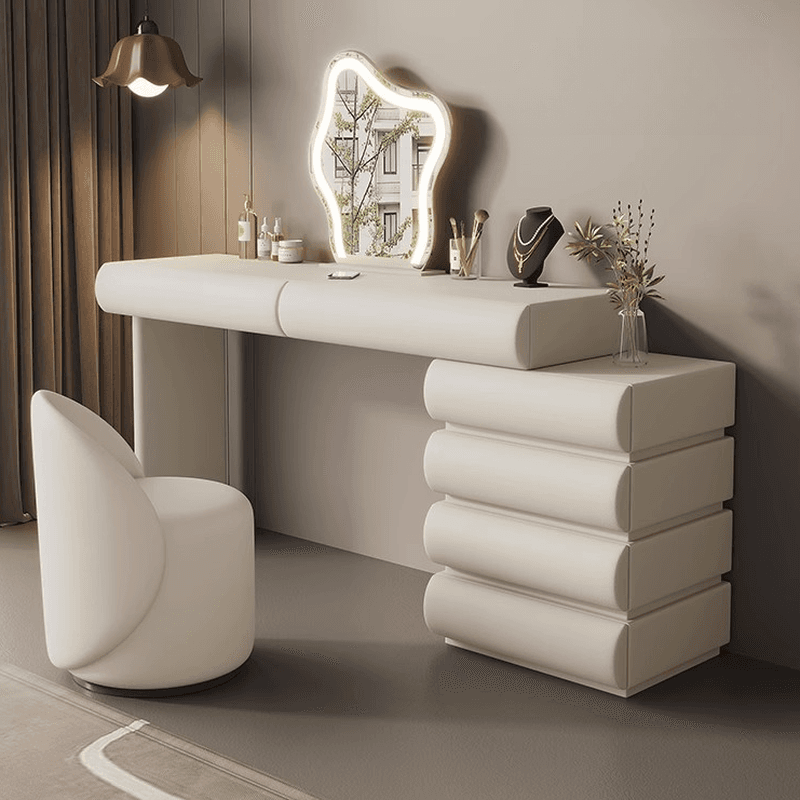 Modish Large/Standard Vanity Set with Light Gray Seating, 10/6 Drawers, Pine Wood Frame, Mirror Lights, and Chair