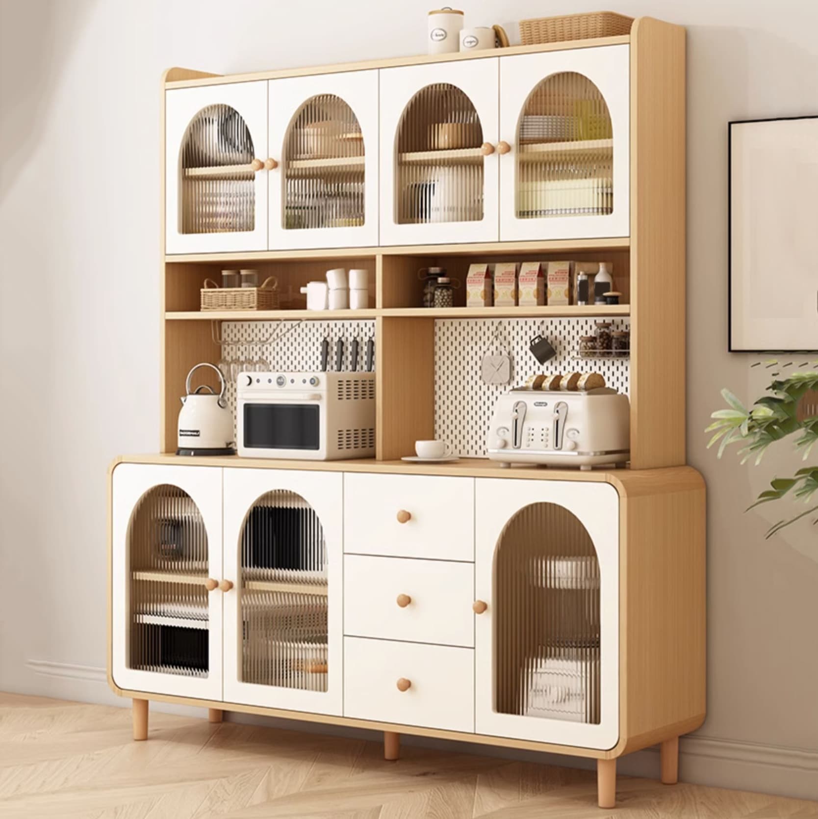 Scandinavian Wood Buffet 3 Cabinet Doors with Glass Interior Shelves - image 3