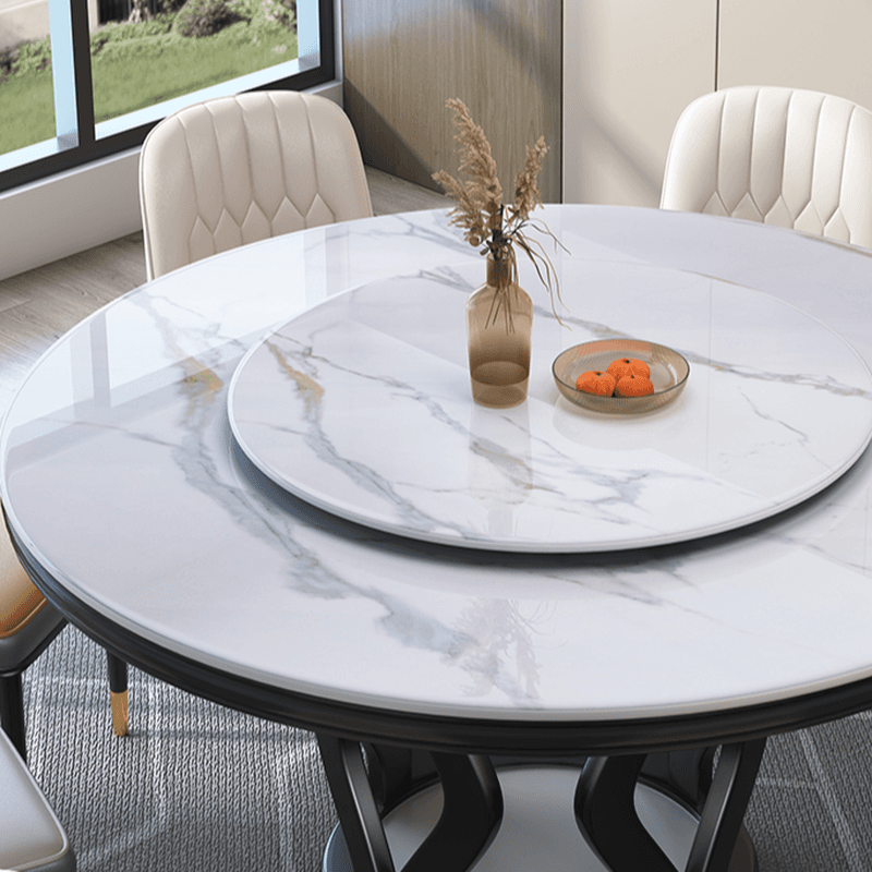 Simplistic Genuine Marble Orbicular Dining Table Set with Stump Base, Back Support, and Chalk Color - image 3