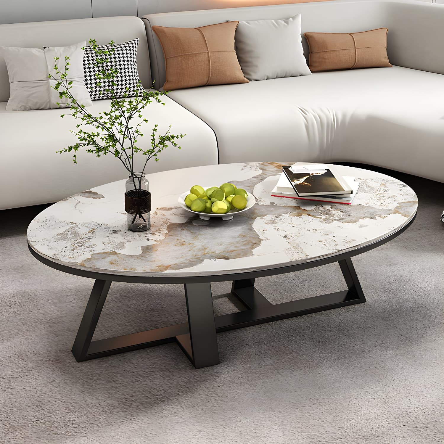 Metal Cross Legs Cocktail Table Luxurious Oval Stone Top Coffee Table - image 6