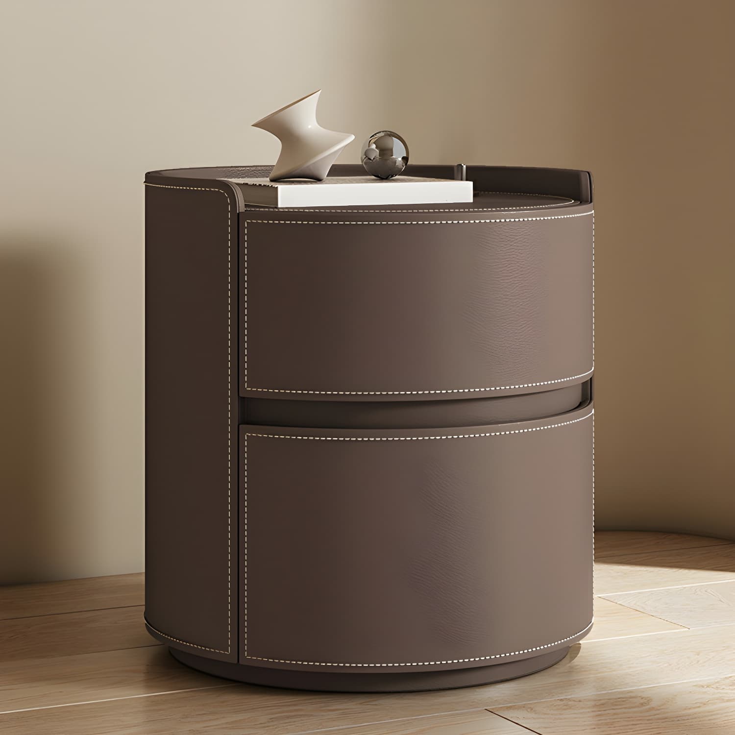 Modern Faux Leather Round Nightstand with 2 Drawers in Under 21 in. Narrow Size