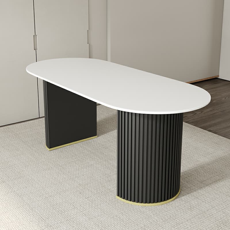 White Stone Top Oval Dining Table with Metal Legs for Dining Room