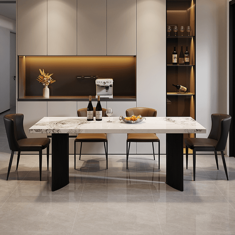 Dining Table Set with Slate Stone Top, Two-sided Pedestal, Fixed Table, Padded Chair, Back, and White Finish - image 4