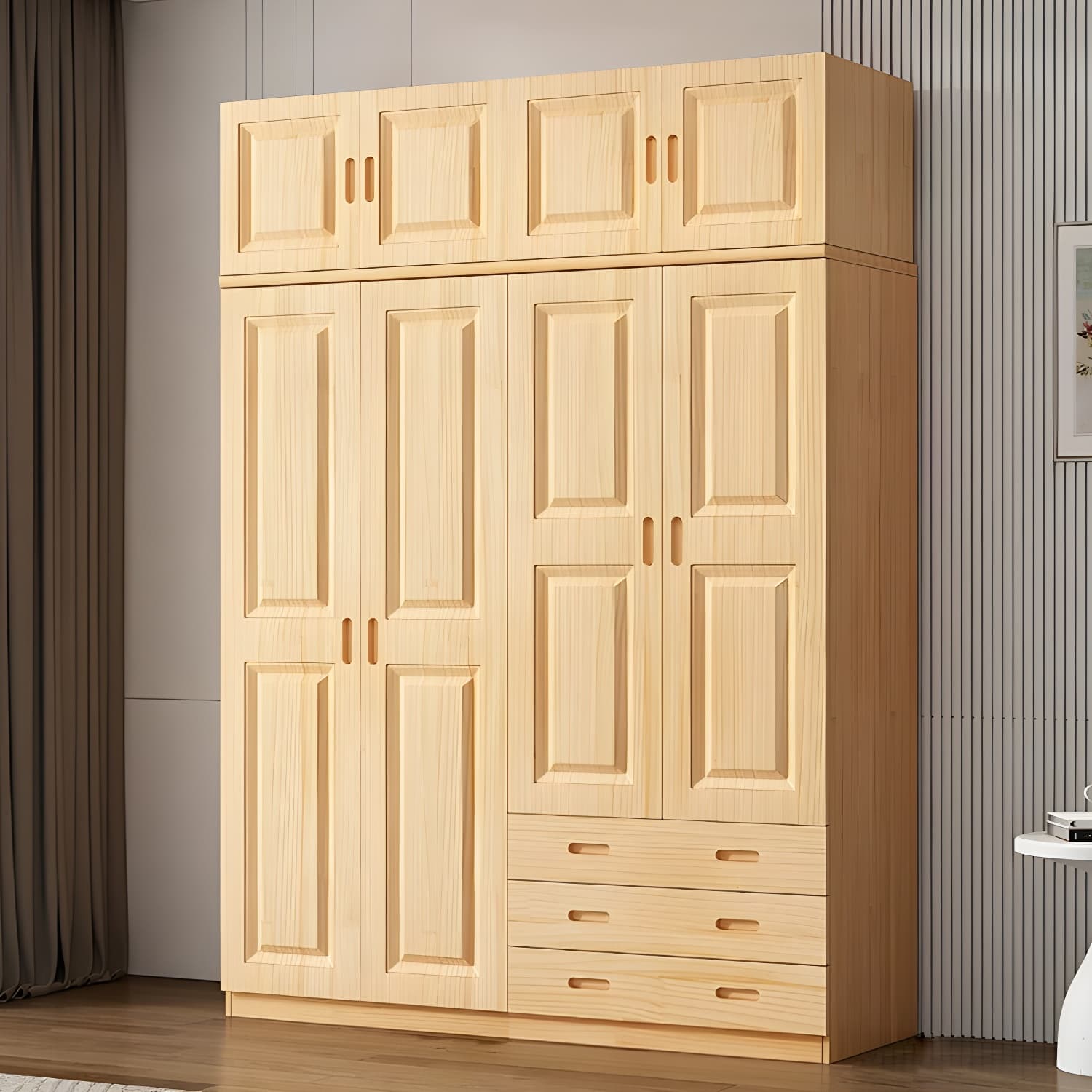 Modern Natural Pine Wardrobe Armoire with Drawers and Clothing Rod