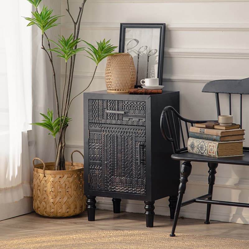 Modern Black Wood Console Cabinet with Cubby Storage and Wood Scoring & Rub Through Detailings - image 11