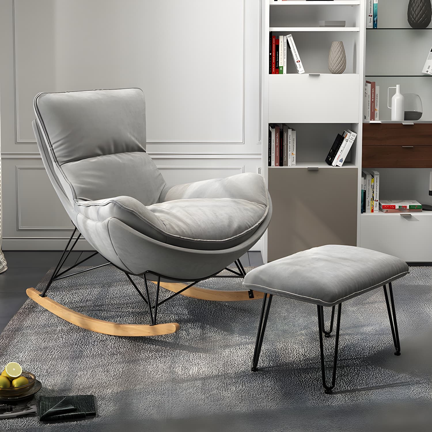 Contemporary Upholstered Rocker Chair Metal Frame Spindle Rocker Chair for Living Room