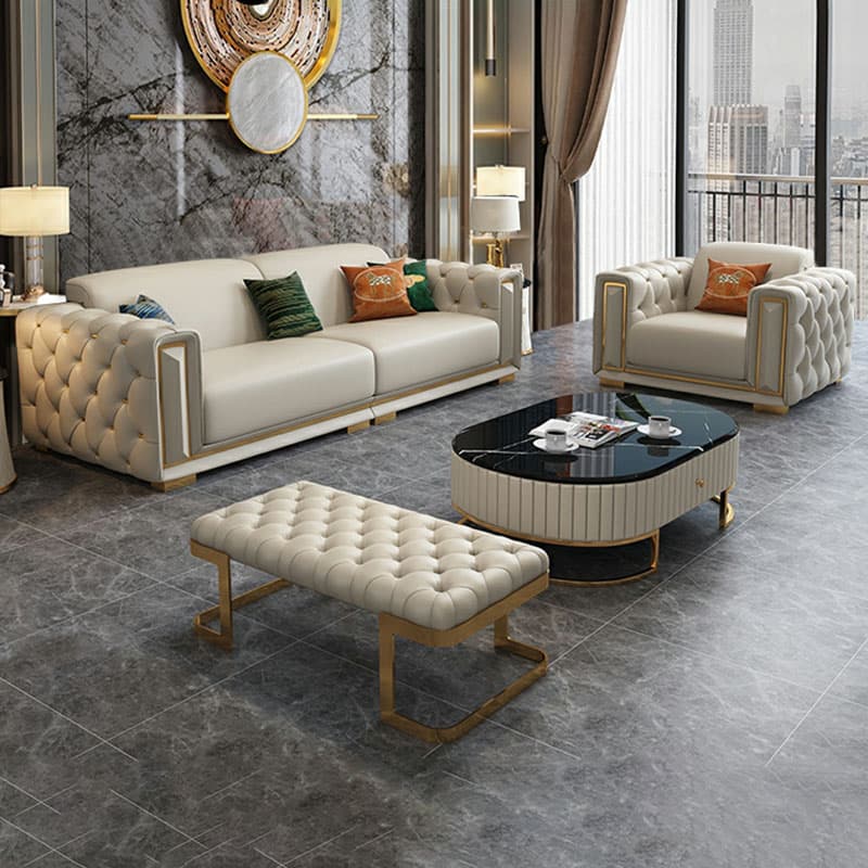 Glam Genuine Leather Sofa and Chaise in Beige with Square Arm