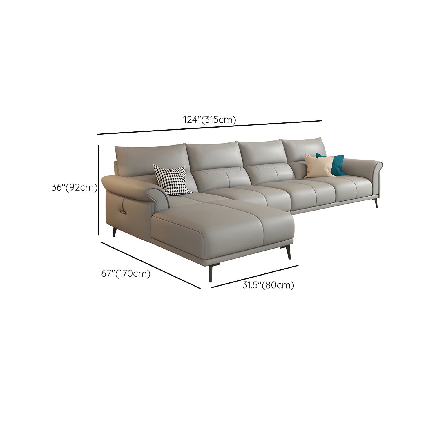 Modern Gray Genuine Leather Stationary Sectional Sofa with Flared Arms - image 19