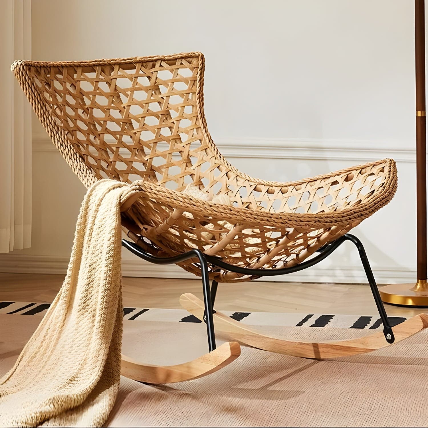 Traditional Armless Design Indoor Rocking Chair with rattan Frame and Nature Wood Legs - image 4