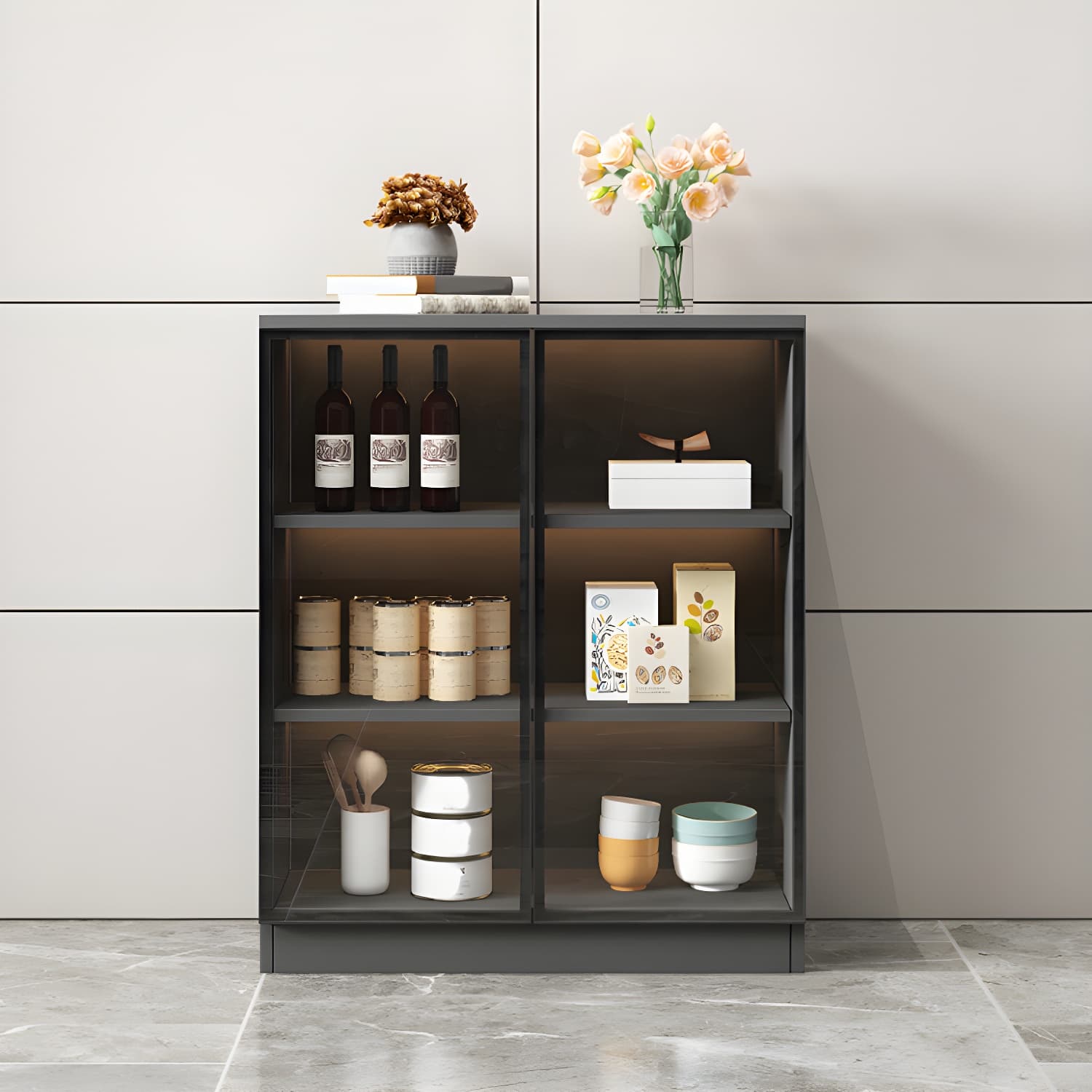 Black Modern Wood Sideboard Credenza with Glass Doors and Interior Shelves - image 4