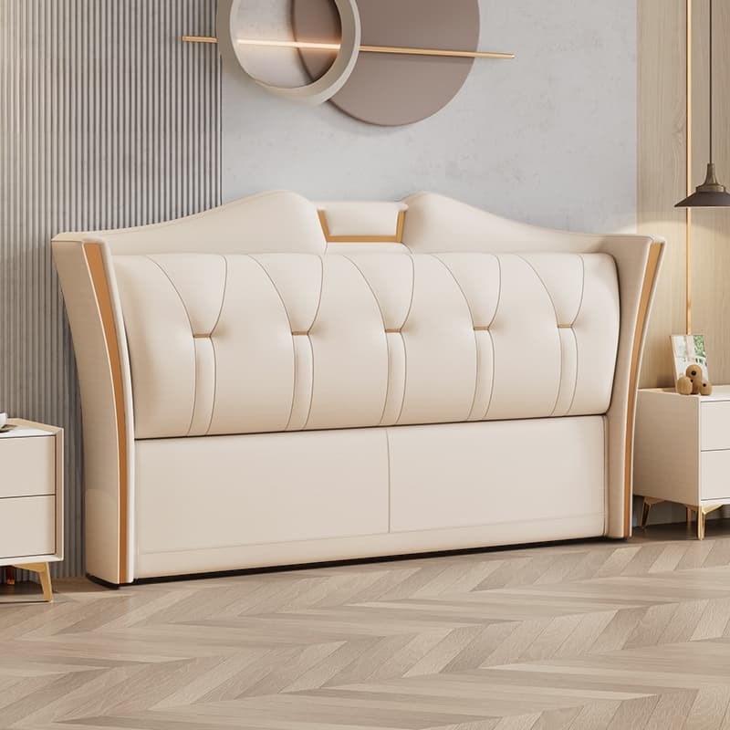 Trendy Wingback Headboard in Natural Wood with No Distressing, Camelback Shape for Queen/Full Bed, Featuring Sponge Upholstery and Standard Height