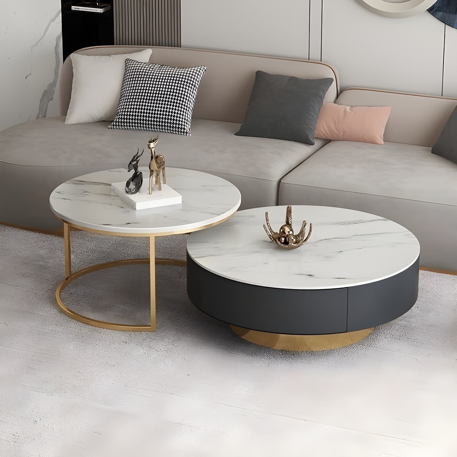 Elegant Gold Metal Drum Coffee Table with Stone Top and Storage Drawers - image 15