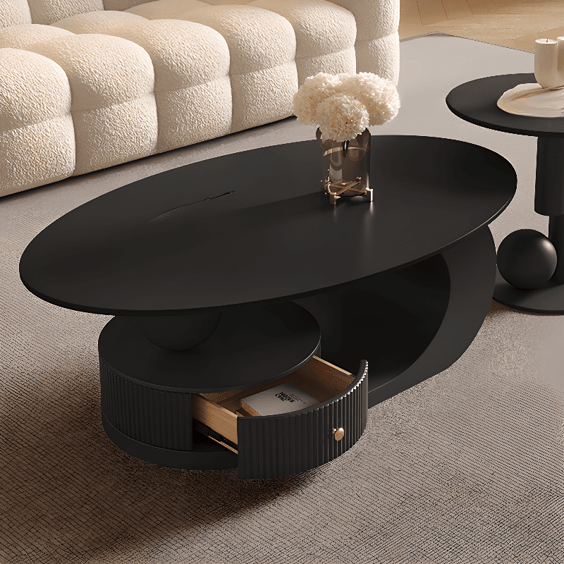 White/Midnight Black Scratch-proofed Oval Sintered Stone Board Game Coffee Table with Abstract Base and 1 Drawer for Living Room - image 14