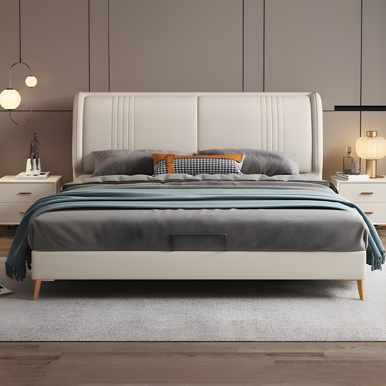 Contemporary White Pine Wooden Standard Bed Leather Beige Bed Frame