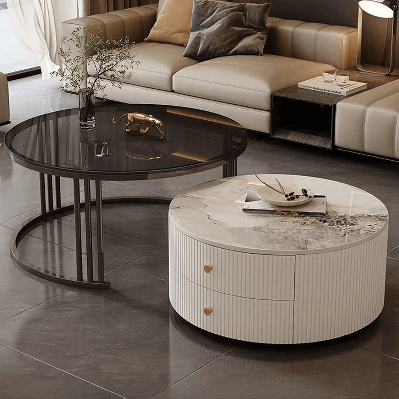 Double Nesting Round Coffee Table with Frame Base and 2 Drawers