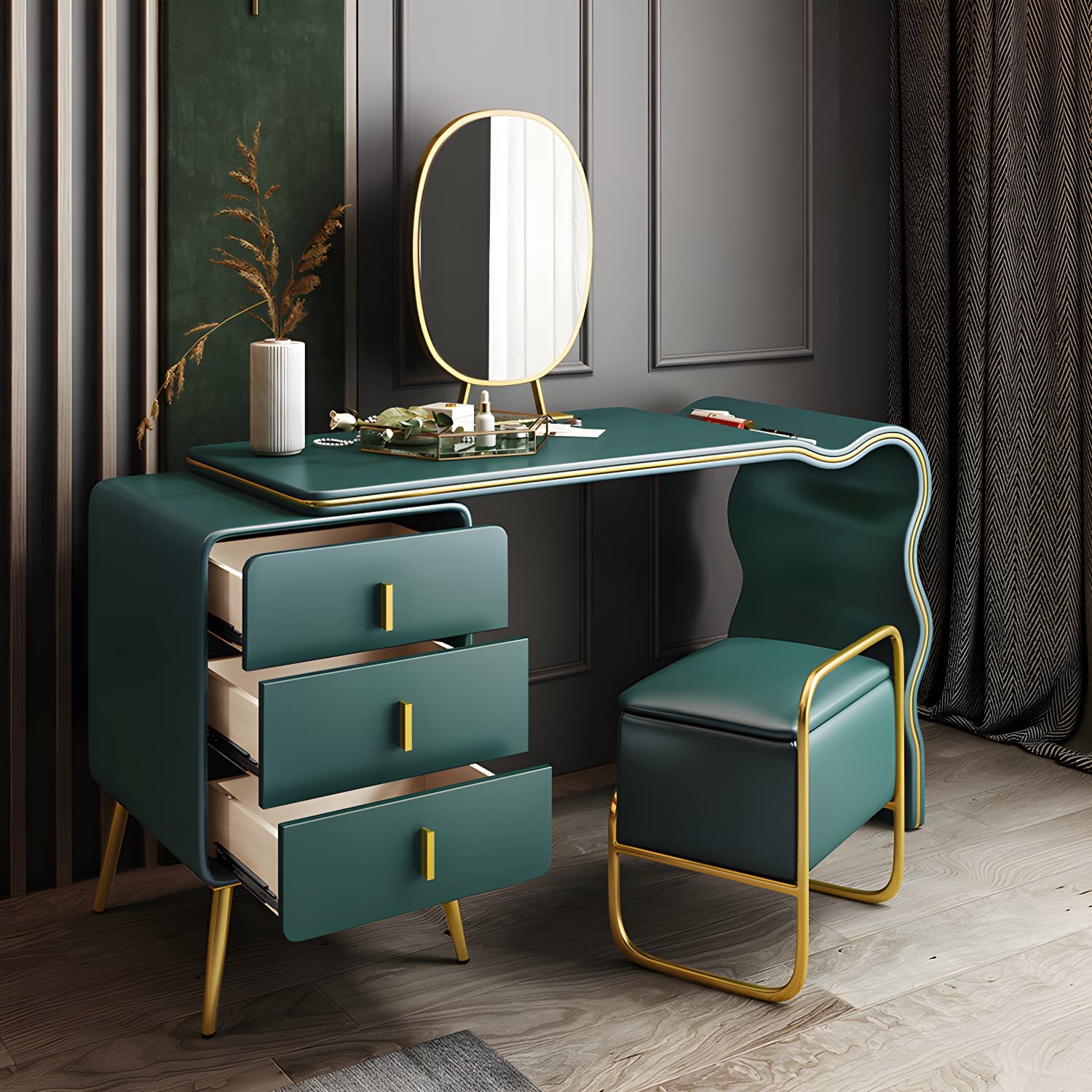 3 Drawers Make-up Vanity Set, 28.74" H Leather Vanity with Stool & Mirror - image 20