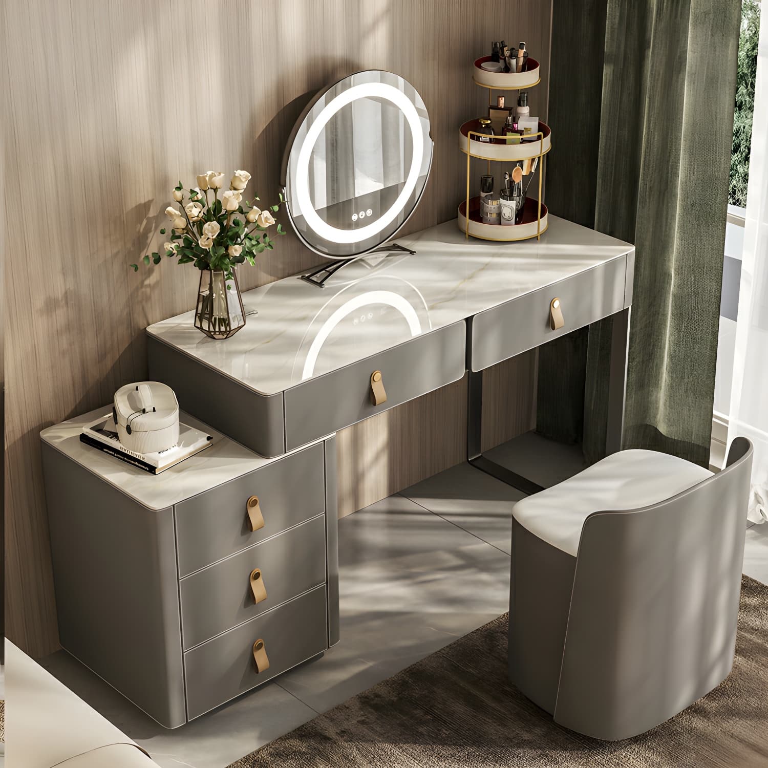 Contemporary 5-Drawer Wood Frame Slate Top Makeup Vanity Desk Table in Gray