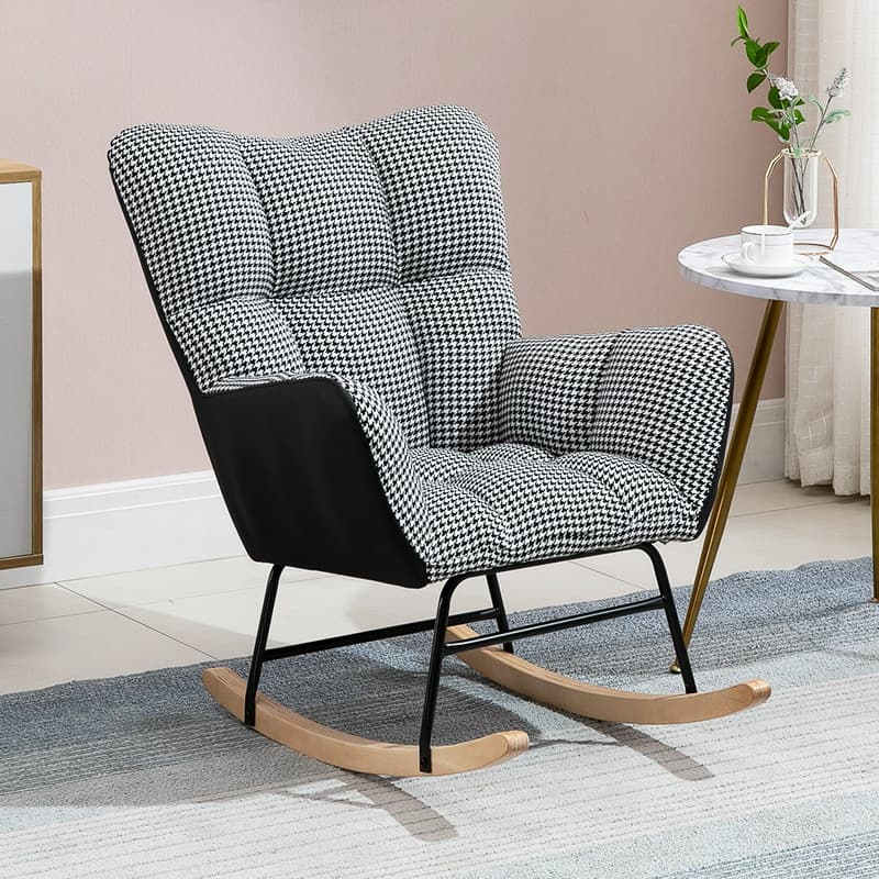 Cotton Cushioned Seat & Back Stationary Rocking Reading Chair with Flared Arm, Footstool, Wing Back & Light Wood Legs
