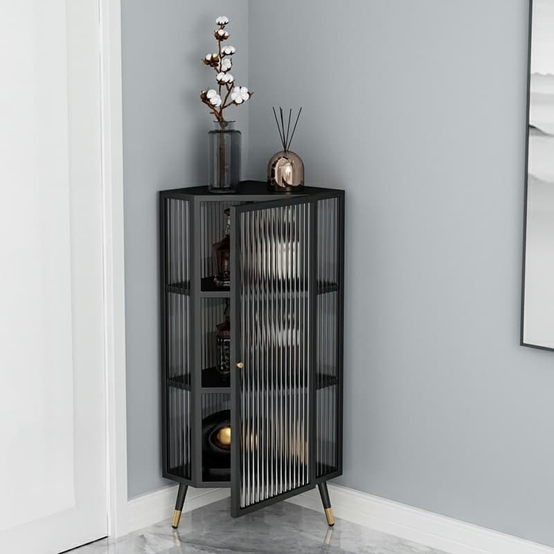 Urban Modern Iron Corner Accent Cabinet with Glass Doors and Exterior Shelving