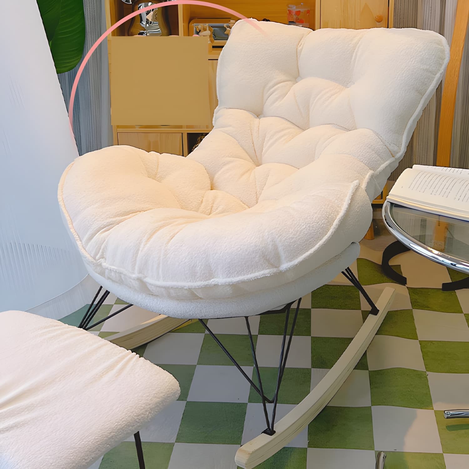 Modern Upholstered Rocking Chair with Tufted Seat - Natural Wood Legs and Armless Design - image 11