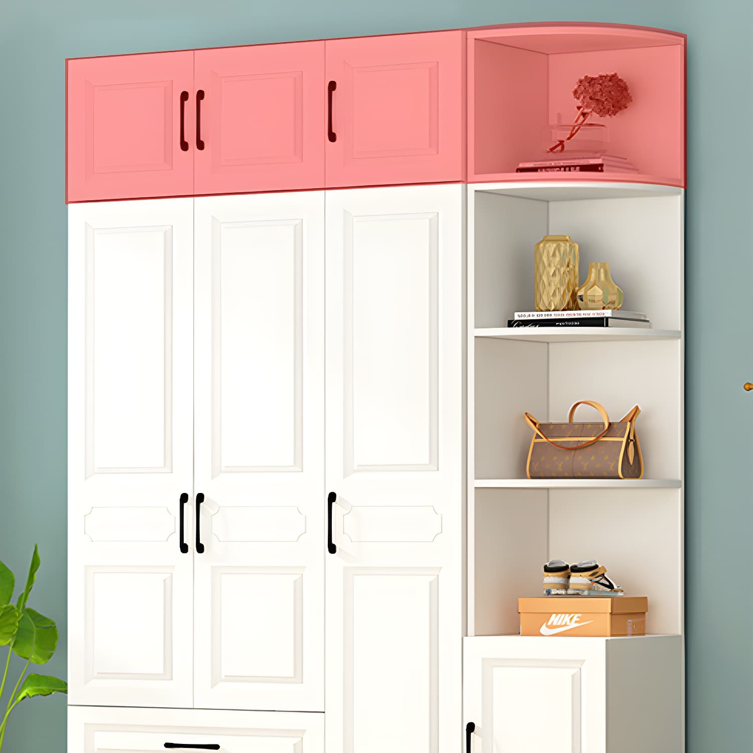 White Modern Wood Wardrobe Armoire with Clothing Rod and Shelves - image 10