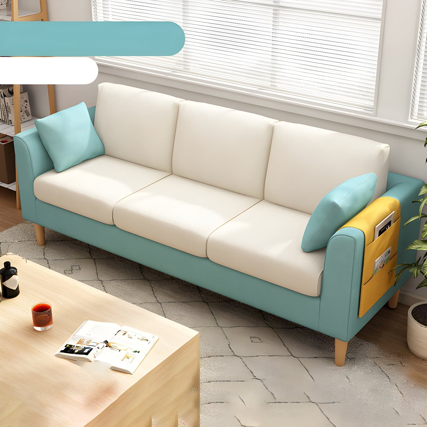 Scandinavian 3 Seater Sofa with Pillows Back and Tuxedo Arm and Solid Wood Legs - image 8